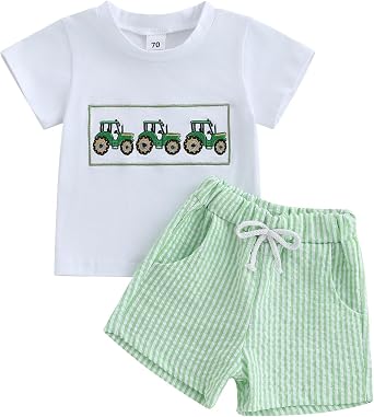Toddler Baby Boy Summer Clothes Infant Tractor Outfit Letter Print Short Sleeve TShirt Tops and Shorts Sets