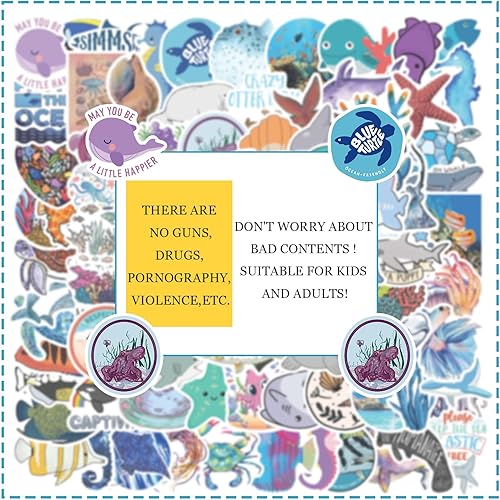 Miniatura 6 de 100 calcomanías de animales del océano para niños, calcomanías de vinilo para botellas de agua para laptop, equipaje, computadora, patineta,