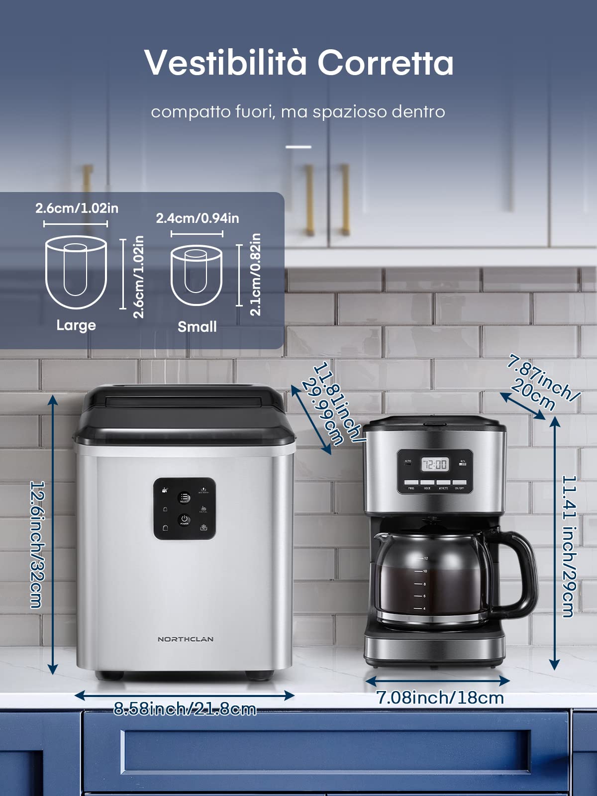 NORTHCLAN 2L Macchina Ghiaccio con 2 Formati di Ghiaccio, 12 KG 24 Ore, 9 Cubetti in 5-8 Min, Autopulente, Display LCD, Acciaio Inox