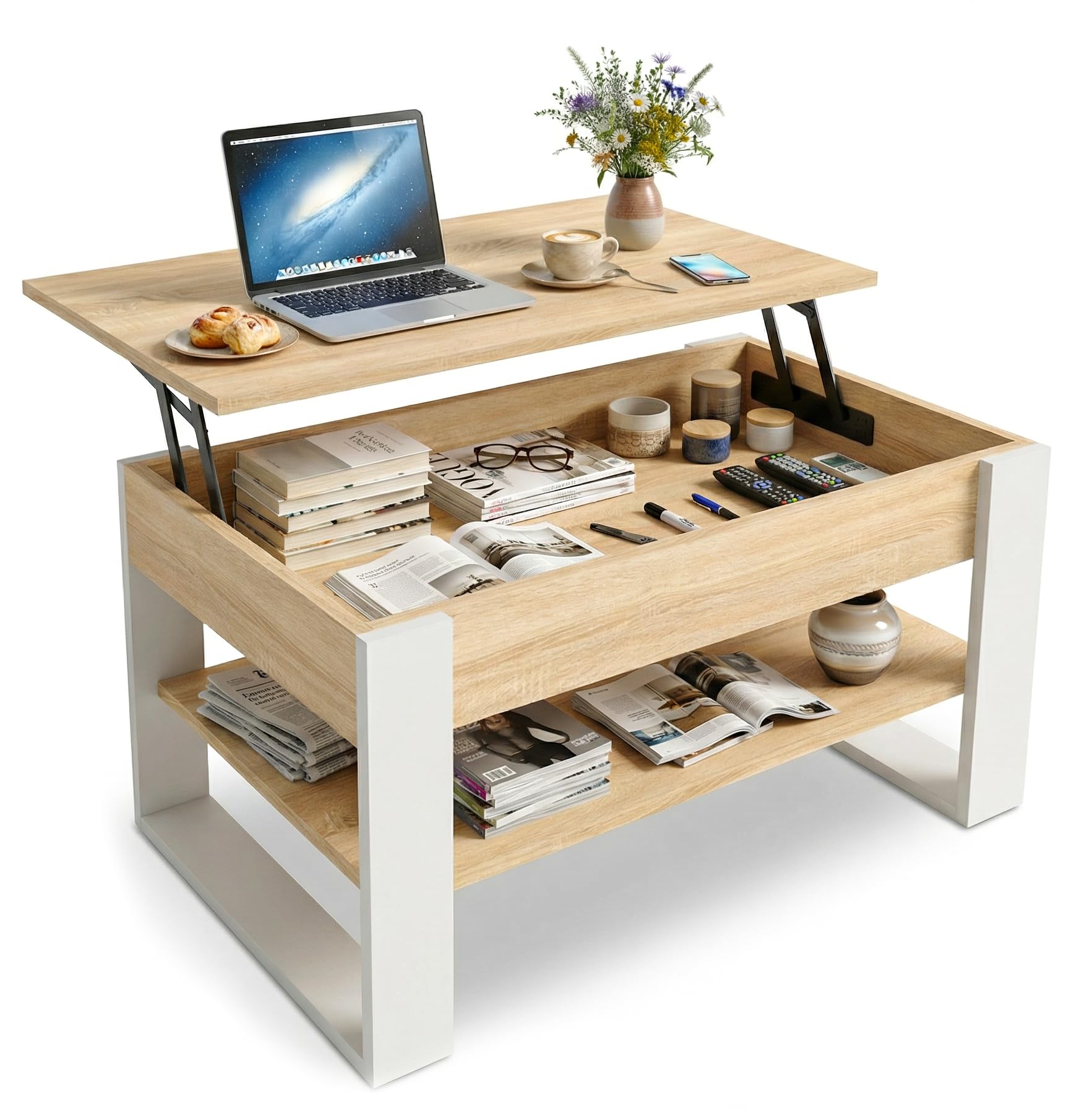 CraftPAK Mesa de Centro elevable con Almacenamiento – Mesa de Centro Plegable – Mesa de salón Ajustable en Altura – Coffee Table – Mesa de salón de Madera Color Blanco