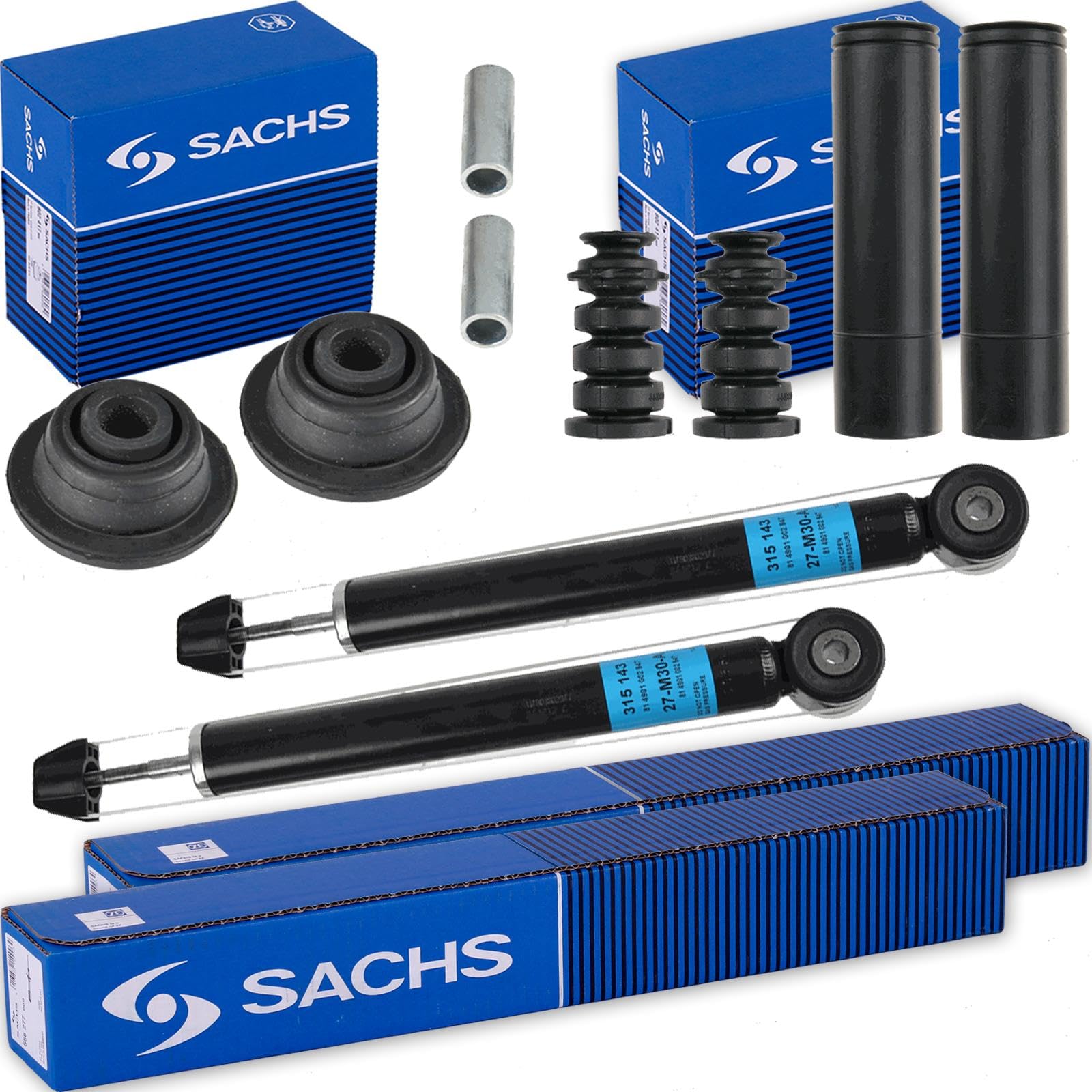 2x Sachs Stoßdämpfer hinten+Domlager+Service Kit | 2x 315 143 + 2x 802 579 + 900 233 Kompatibel mit Twingo II (CN0_)