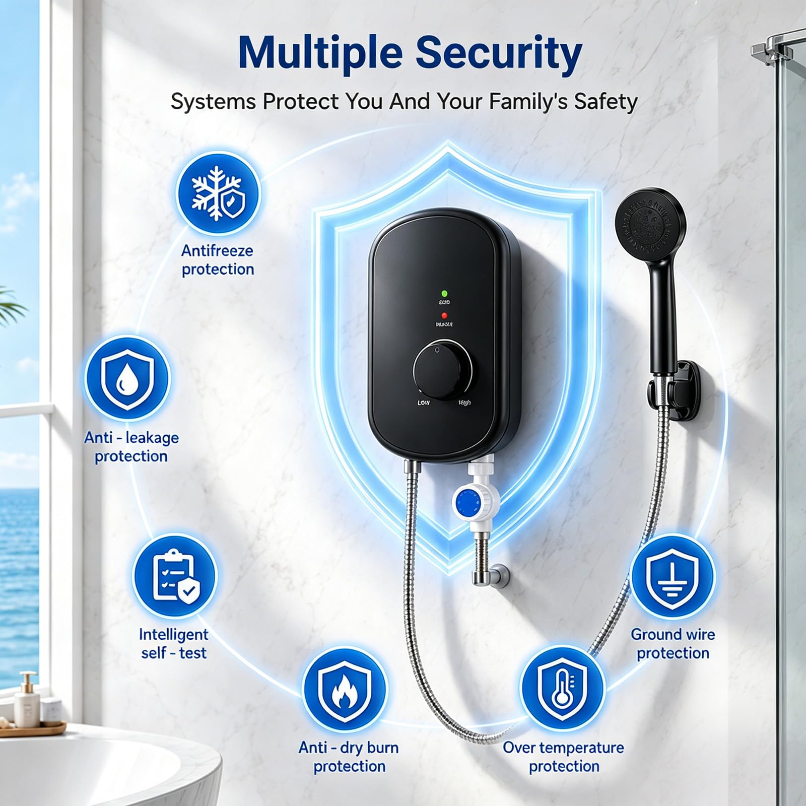 Durchlauferhitzer 5500W 230V, Mini Instant Warmwasserbereiter für Dusche, IPX4 wasserdicht, Elektrischer Untertisch-Wassererhitzer mit LED-Temperaturanzeige 30-52°C für Bad & Küche (Schwarz)