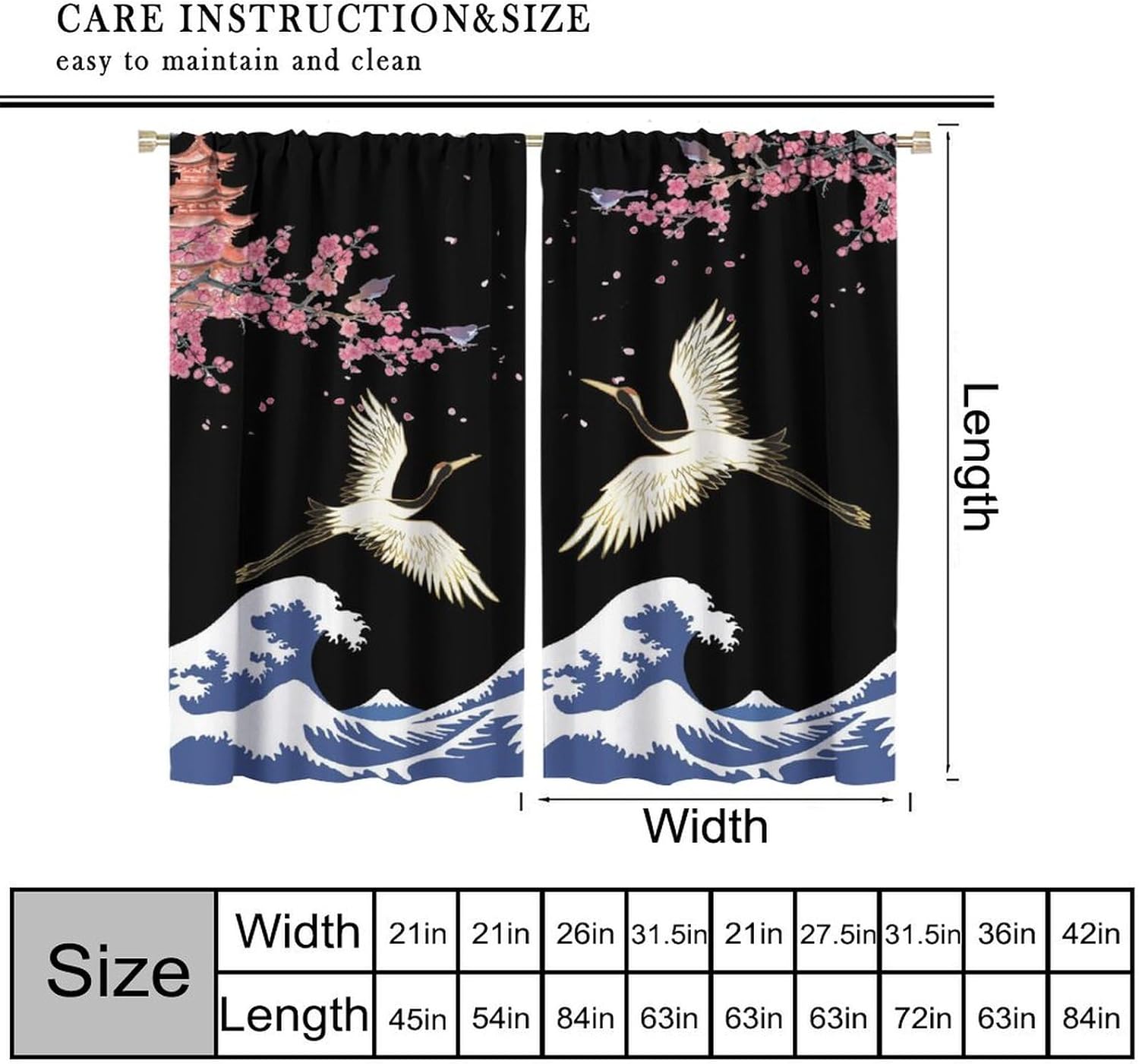 Japanese Style Cranes Curtain Asian Waves Traditional Chinese Cherry Blossom Printed Window Treatment for Living Room Bedroom Kitchen Drapes Rod Pocket Blackout Curtains 42x45 Inch