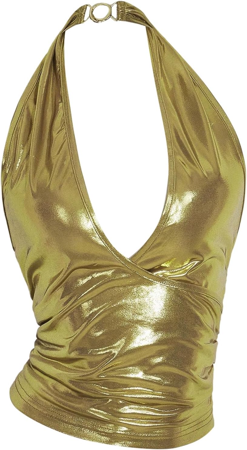 Women's Backless Halter Top V Neck Sleeveless Wrap Top Crop Tops Y2k Disco Outfit