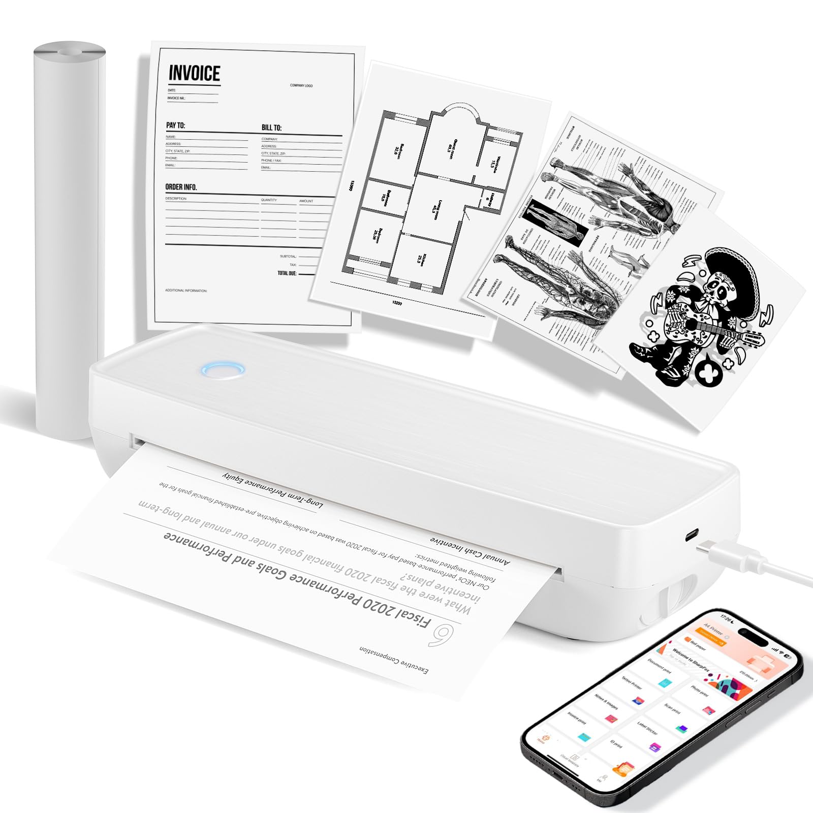 Imprimante Thermique sans Encre A4 Portable sans Bluetooth pour Voyage Maison Compatible Android iOS Blanc
