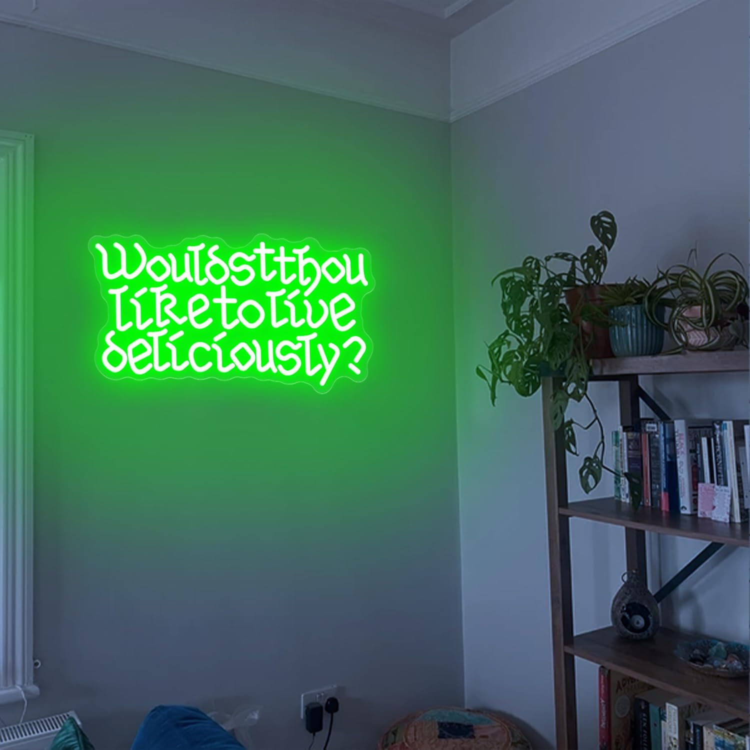 Wouldst Thou Like to Live Deliciously? Neon Sign Green Gothic Text Neon Lights for Wall Decor Creepy Halloween Holiday Decoration Satanic Witch Party Decor