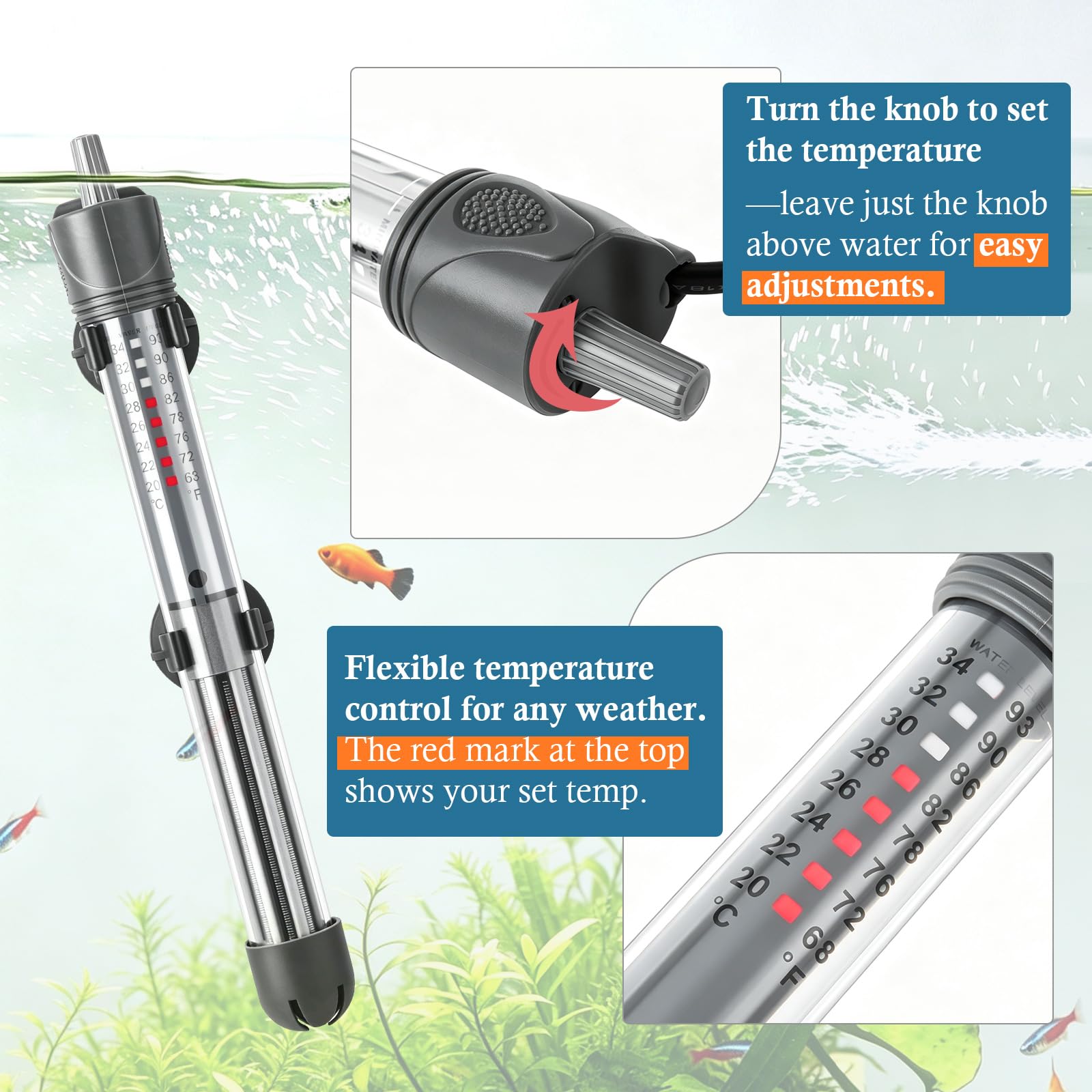 HITOP Chauffe-aquarium réglable 50 W 100 W 300 W avec thermomètre, 100W-grey