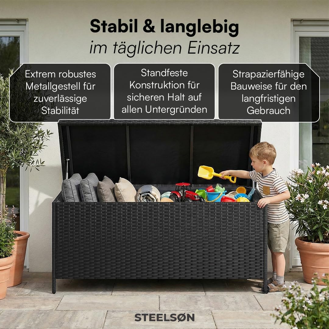 STEELSØN Serion Gartenbox mit Rollen schwarz – Rattan Aufbewahrungsbox Klappdeckel – Outdoor Auflagenbox mit Griffen – Aufbewahrungskiste wetterfest – Gartenkiste Stahlgestell – Kissenbox 140x62x61cm