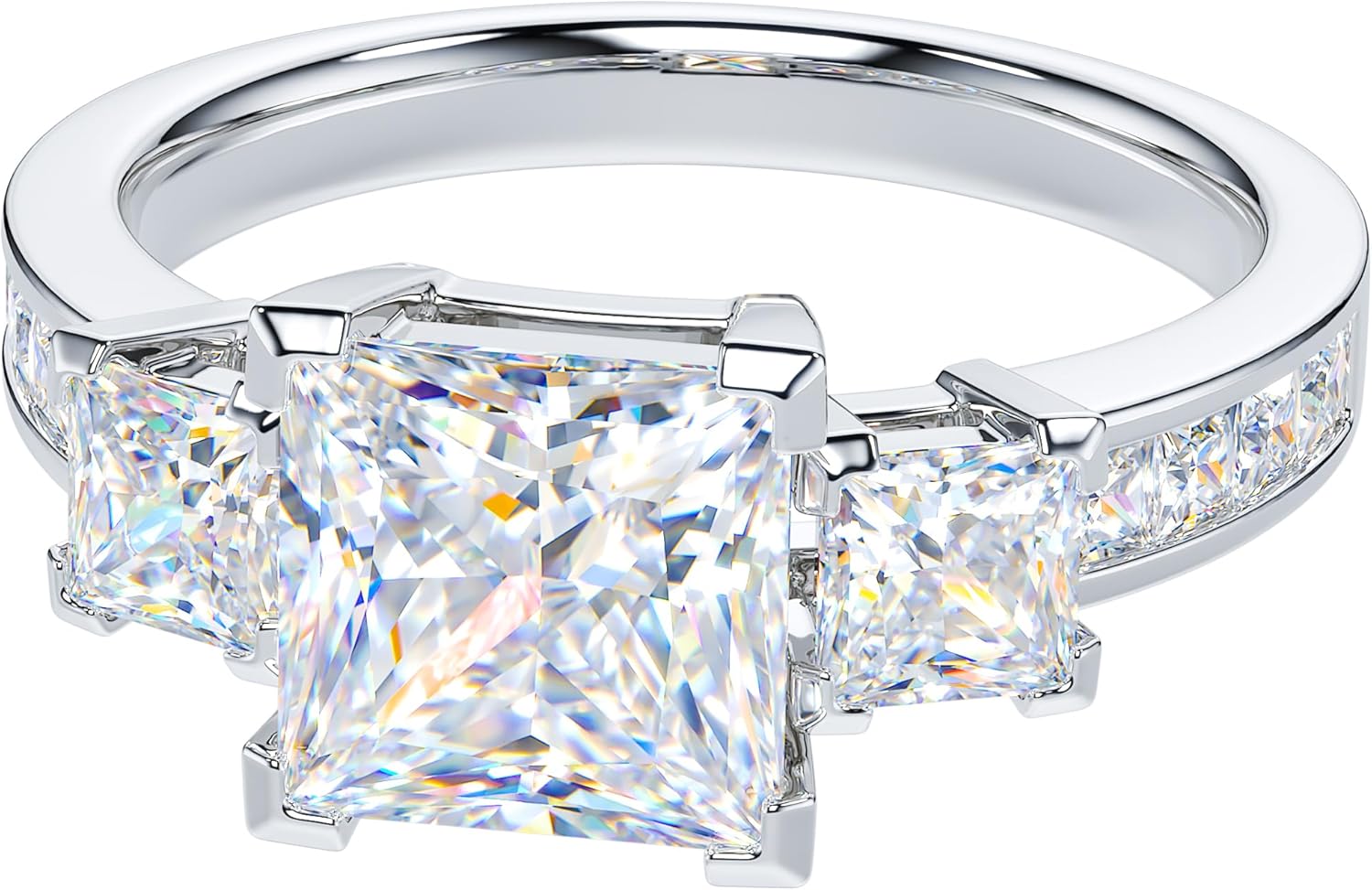 Sterling Silver Center 1.5CT Three Stone Style All Princess Cut Side Stones Promise Engagement Ring - Image 3