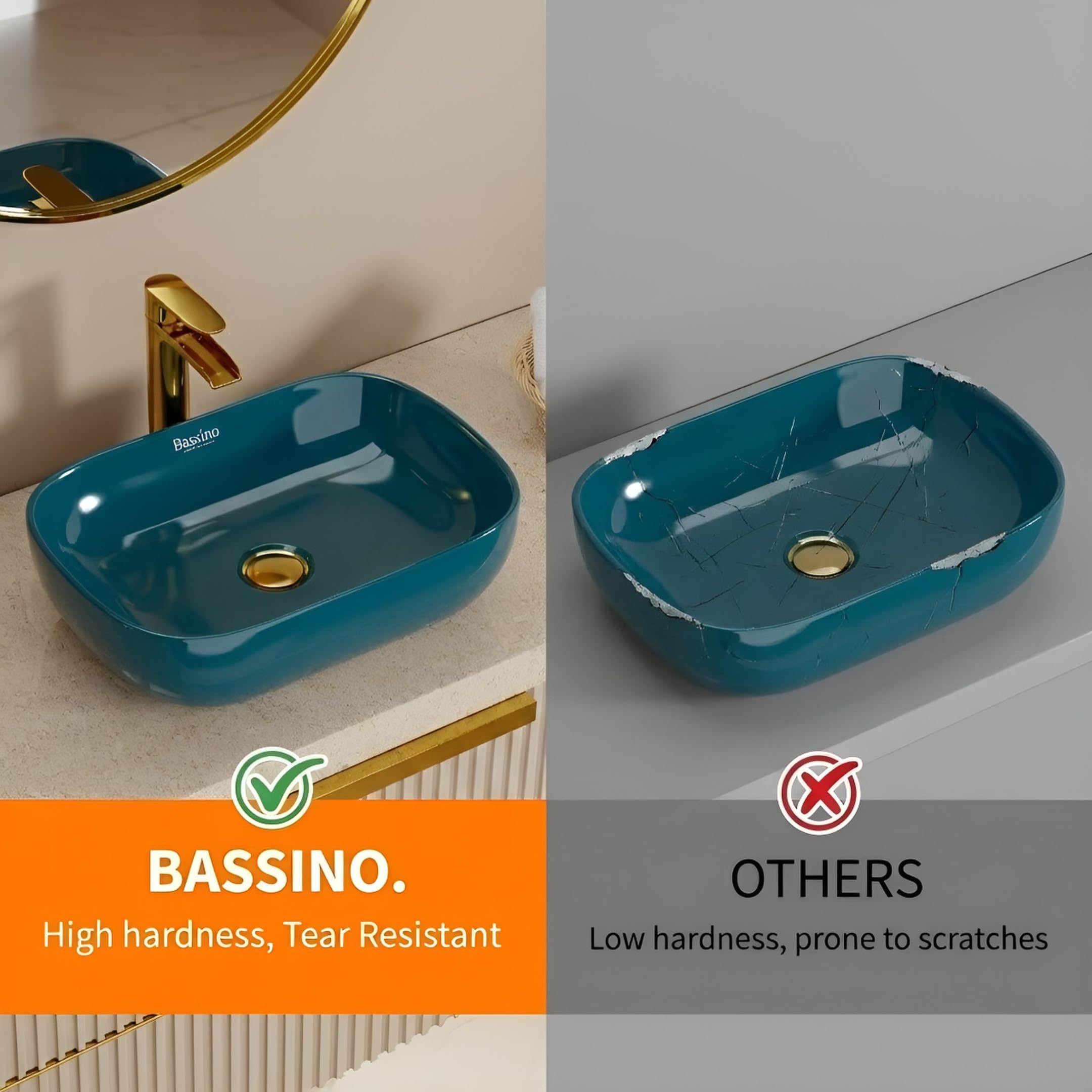BASSINO 18x13x5.5 Inches Ceramic Counter Top Wash Basin/10 Years Glazing Warranty/Teal-Blue Basin for Bathroom/Rectangular Shape Tabletop Washbasin for Restaurant/Dining Hall/Living Room(Glossy) 4