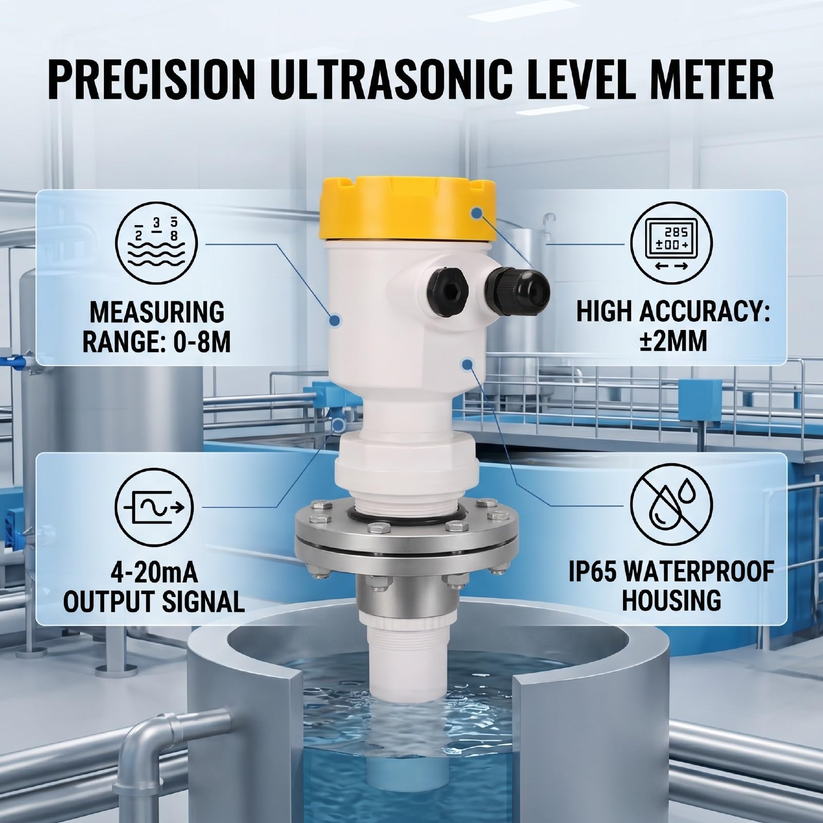 GOWENIC Ultraschall-Flüssigkeitsstandsensor, 0–8 M, LCD-Display, 4–20 MA, Analogausgang, Digitaler Wasserstandsmesser, Wasserdicht für Tank