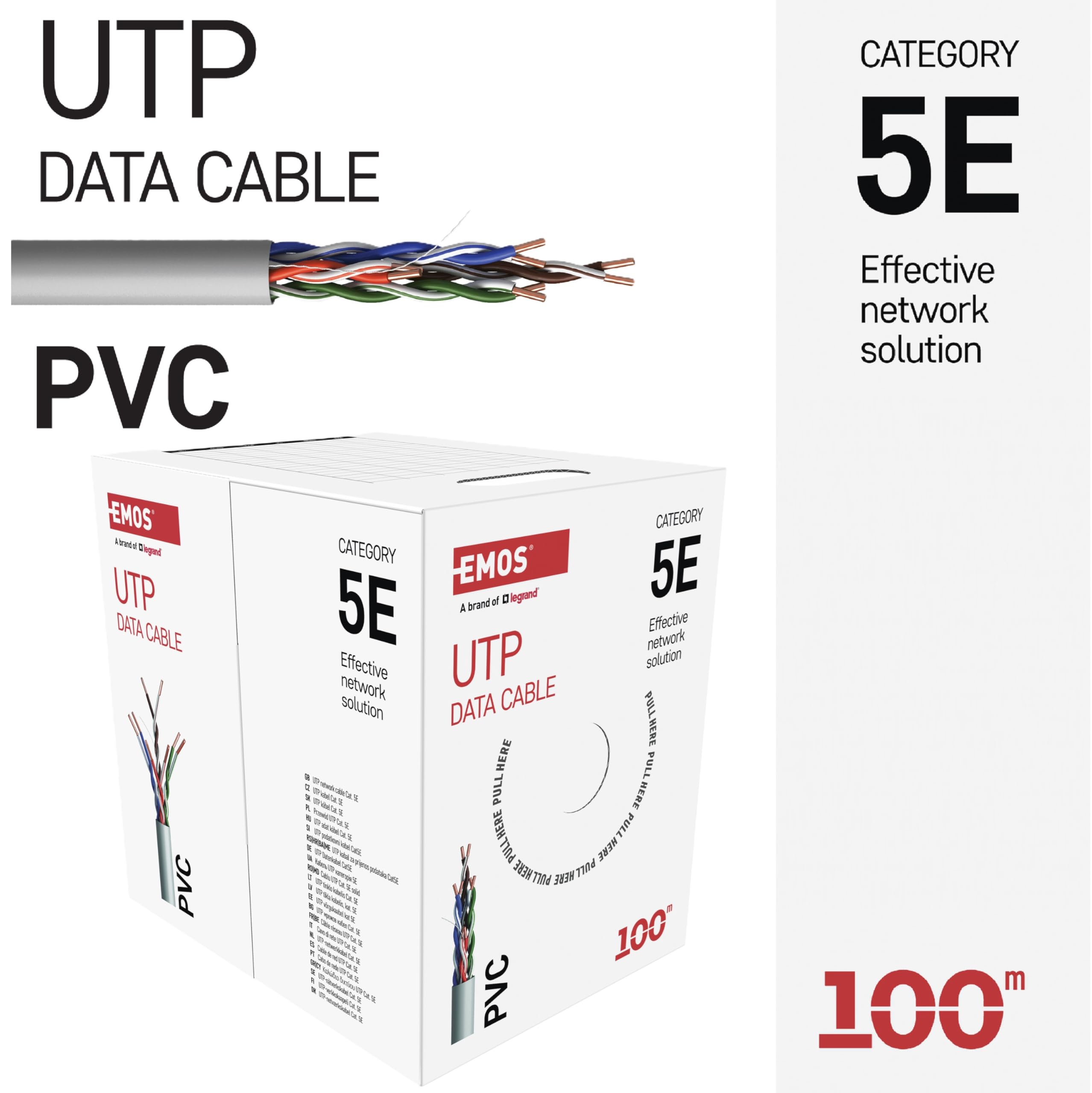 EMOS - Cavo di rete UTP CAT 5e, 100 m, PVC - Cavo patch UTP CAT5e - Filo Cu- Cavo LAN Gigabit - Cavo Ethernet non schermato - per interni
