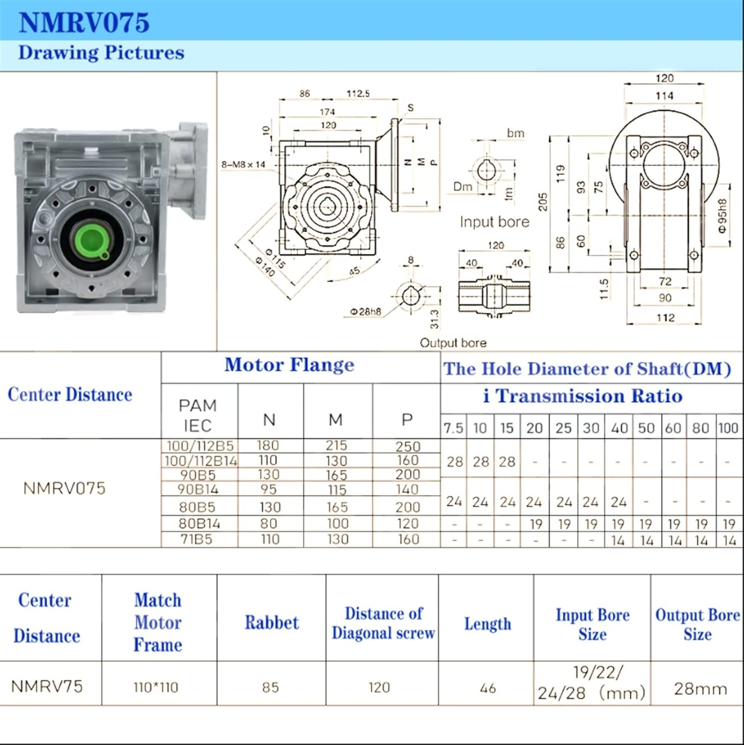 Speed Box NMRV075 Gearbox Reducer, 1:7.5/10/15/20/25/30/40/50/60/80/100 Ratio, 19/22/24/28mm Input Shaft Worm Reducer Reducer Gearhead (Size : Ratio 40, Color : Input 28 for name52)