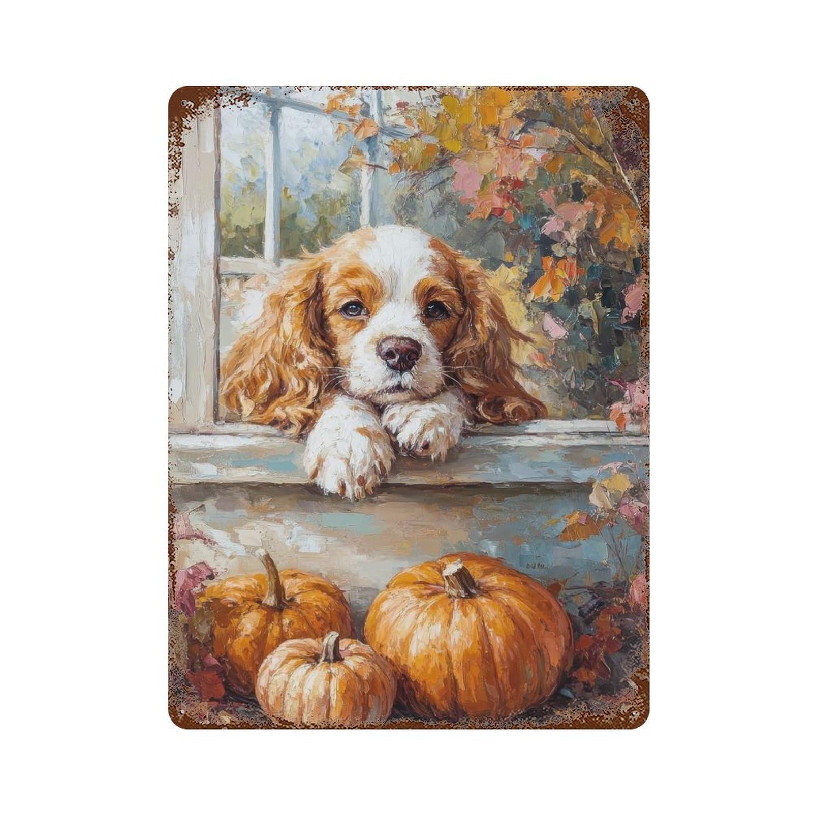 Cavalier King Charles with Pumpkins Painting Autumn Dog Portrait Decorative Tin Sign 15.7"x11.8", Vintage Wall Decor for Basement, Hobby Room And Garage Decor