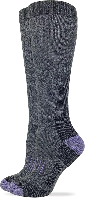MUCK Boot Ladies Heavyweight Merino Wool Blend Tall Boot Socks 2 Pair Pack Lilac/Charcoal, Medium