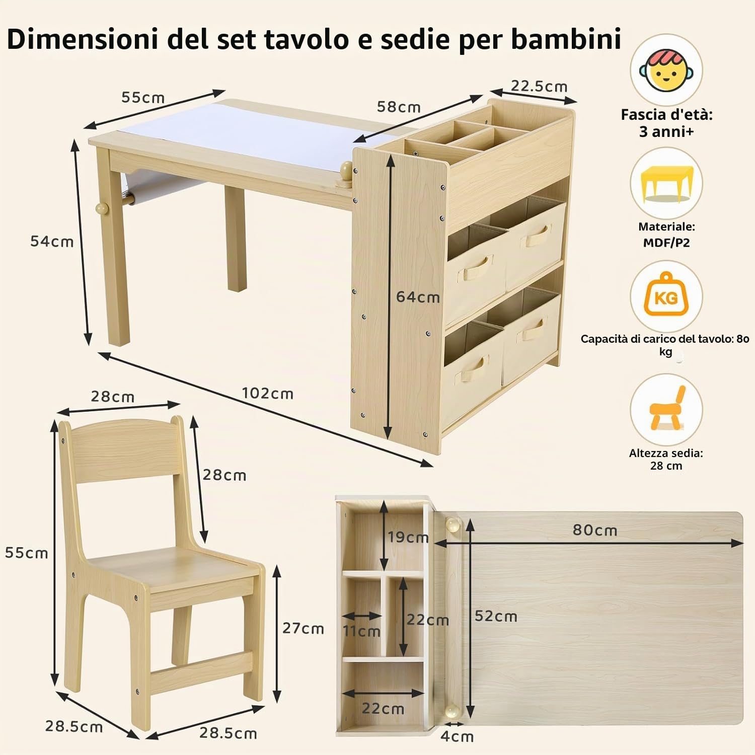 MAMIZO Tavolo per Bambini con 2 PCS Sedie, Tavolo in Legno con Rotolo di Carta, Mobile Montessori per Bambini 3-8 Anni, Ideale per Pittura/Leggere/Mangiare/Giocare, Montaggio Semplice Giallo