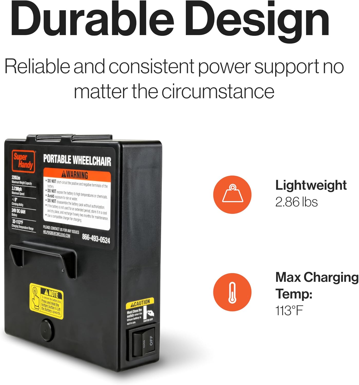 SuperHandy 24V 6Ah Lithium Wheelchair Replacement Battery with text highlighting its lightweight and maximum charging temperature.