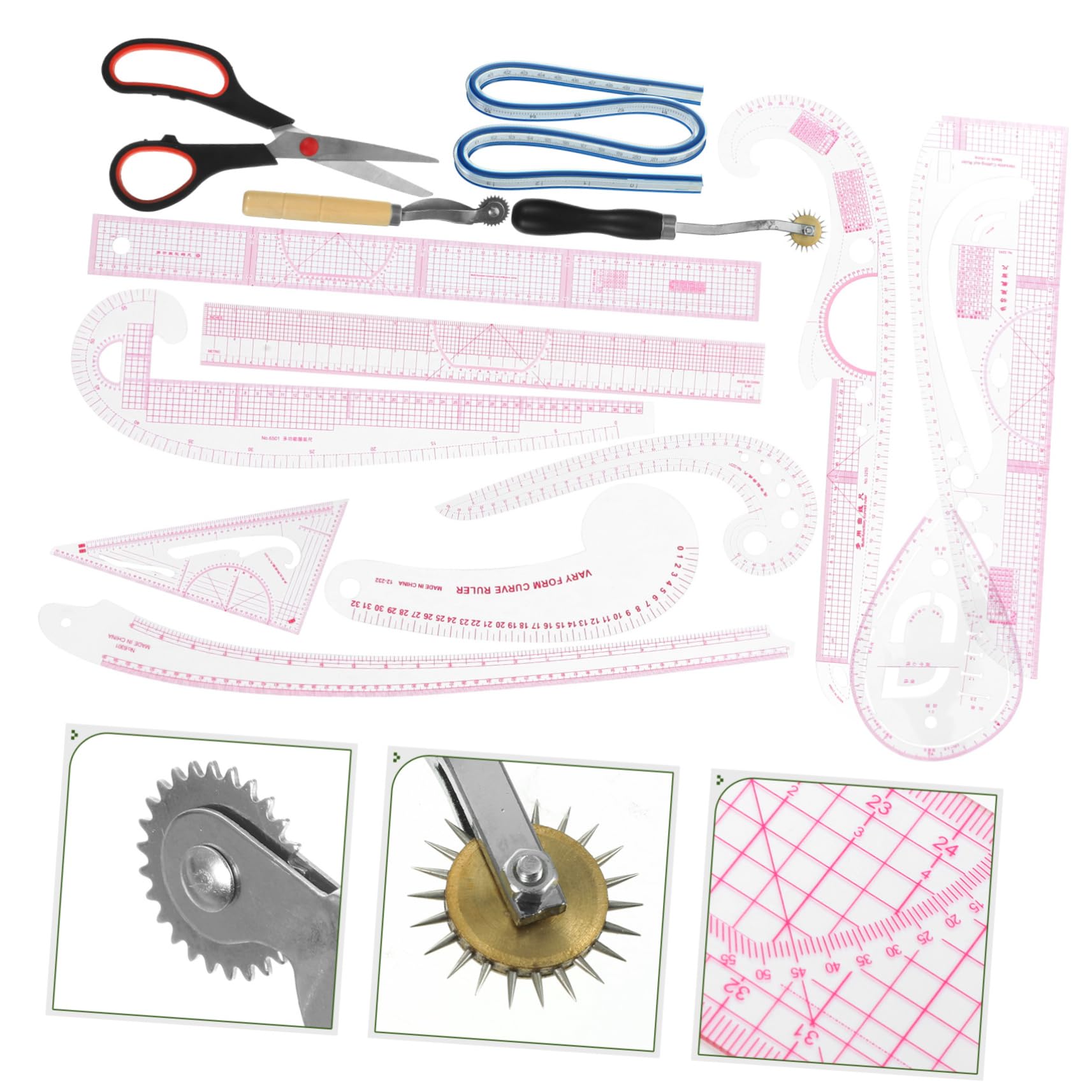 Set di Righelli da Cucito 14 Pezzi per Taglio e Modellistica | Pvc, Legno e Acciaio Inossidabile, per Principianti e Esperti del Cucito, Strumenti per Modelli