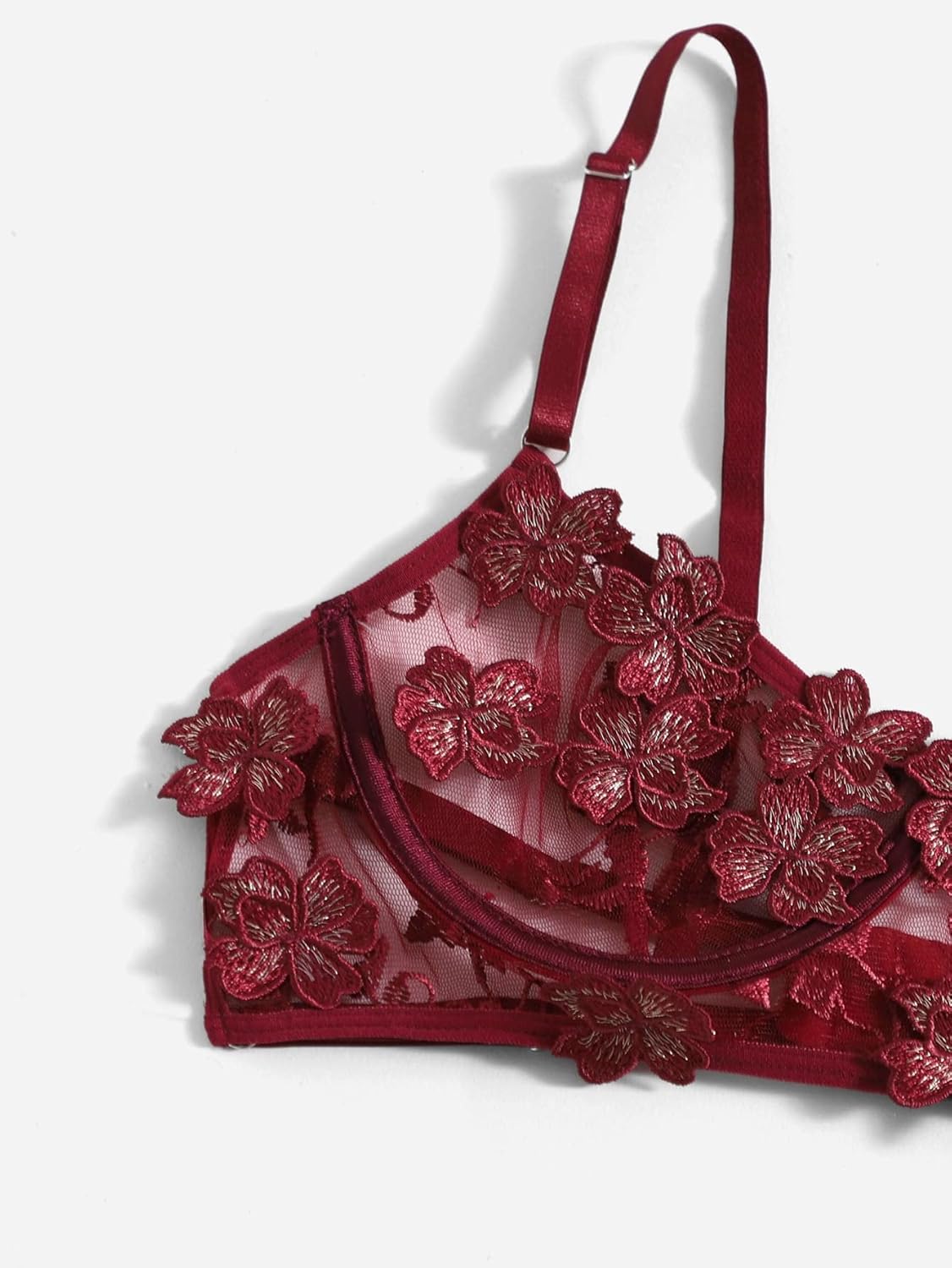 WDIRARA Women's Floral Lace Underwire Lingerie Set Bra and Panty with Garter Plain Burgundy M
