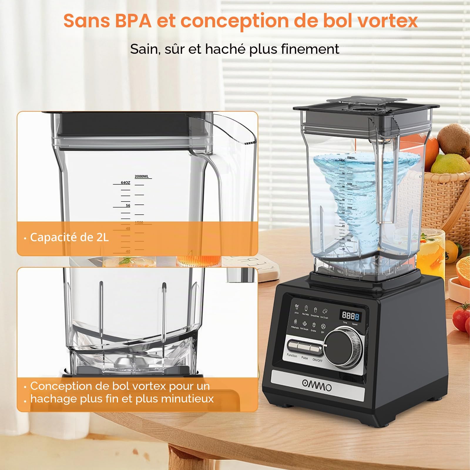 OMMO 2L Mixeur Blender Professionnel, 1800W Smoothie Mixer avec 9 Contrôles de Vitesse Pour la Glace Pilée, Shakes, Boissons Congelées et Fruits, Sans BPA