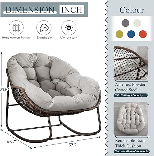 Miniatura 2 de Mecedora para exteriores, silla mecedora de huevos de mimbre de gran tamaño, para interiores y exteriores, cómoda silla mecedora con cojín grueso,