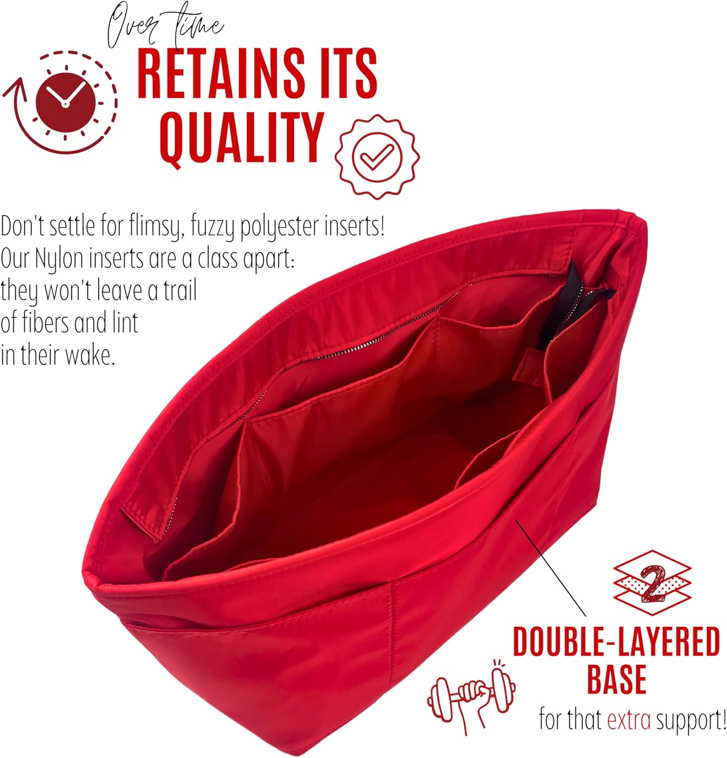 Divitize Luxe Waterproof Nylon Organizer compatible with Neverfull PM/MM/GM Bag Insert — with Gold Zipper, Oval-Shaped Perfect Fit, +24 Colors, Premium Quality (Neverf*ll GM, Red)