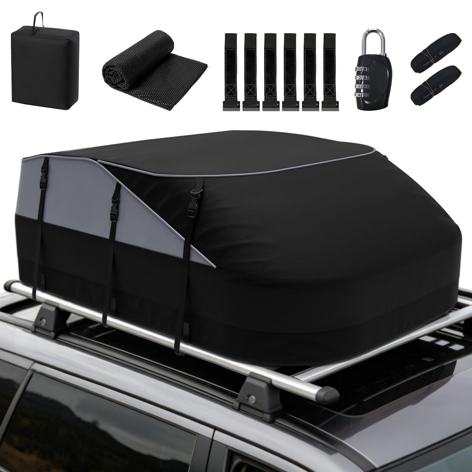 Coffre de Toit Voiture 598L (21 pi³) – Sac de Toit Imperméable 1000D Nylon, 8 Sangles & 6 Crochets, pour Voitures avec/sans Barres de Toit, Voyages et Transport