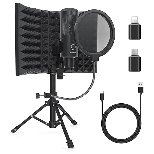 Studio Recording Microphone Isolation Shield with Pop Filter and Metal Tripod Stand, Studio Mic to PC Laptop Smartphone, Music Microphone for Recording Singing Podcasting
