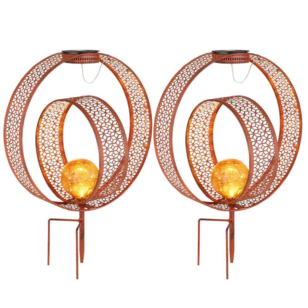 2x Solarleuchte mit Metallstanzungen und Glaskugel, Rost Höhe 42cm