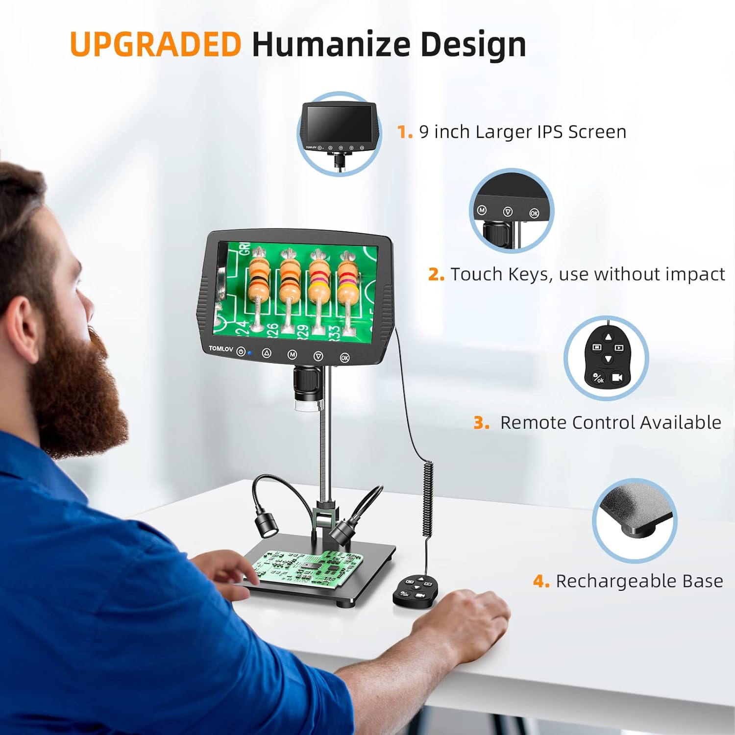 TOMLOV DM04 Digital Microscope setup showing a user operating the device