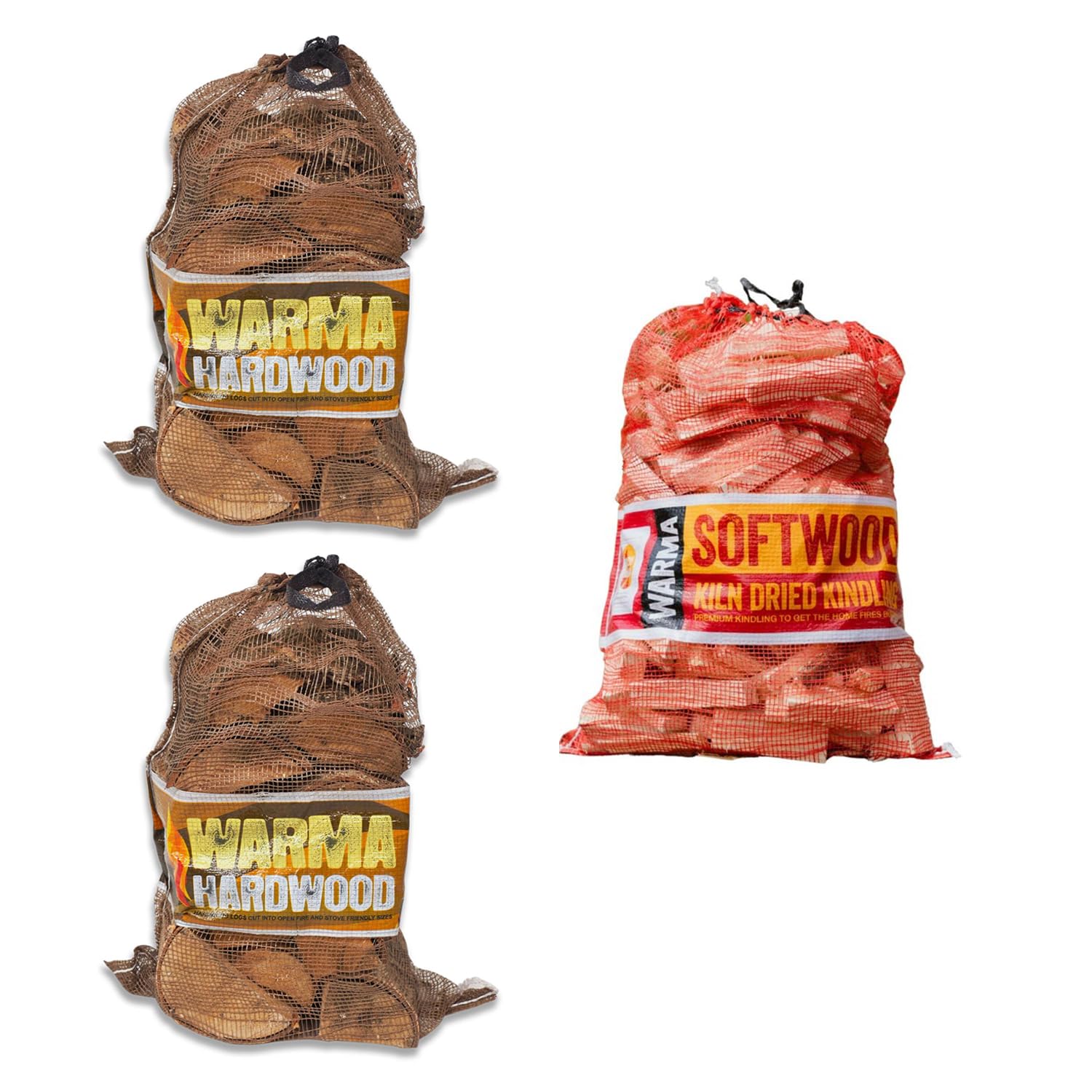 Warma Beige 25L Nets Of Softwood, 27L Nets Hardwood Logs & 4Kg Kindling Nets Firewood - Kiln Dried Wood - For Outdoor Open Fire Pits Wood Burners Coal Stoves Log Burners - 2 X Hardwood & 1 X Kindling Nets