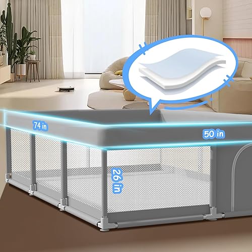 Miniatura 2 de Corralito para bebés de 74 x 50 pulgadas, corralito para bebés y niños pequeños, diseño de corralito con puerta externa con cremallera, patio de