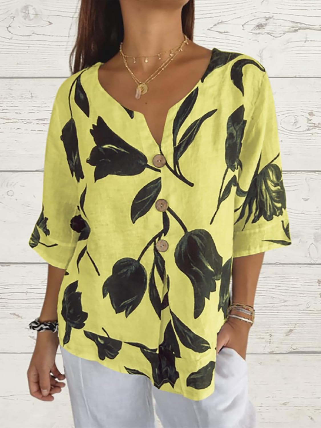 Womens 3/4 Length Sleeve Tops Dressy Casual V Neck Boho Floral Print Summer Blouses Shirts - Image 3