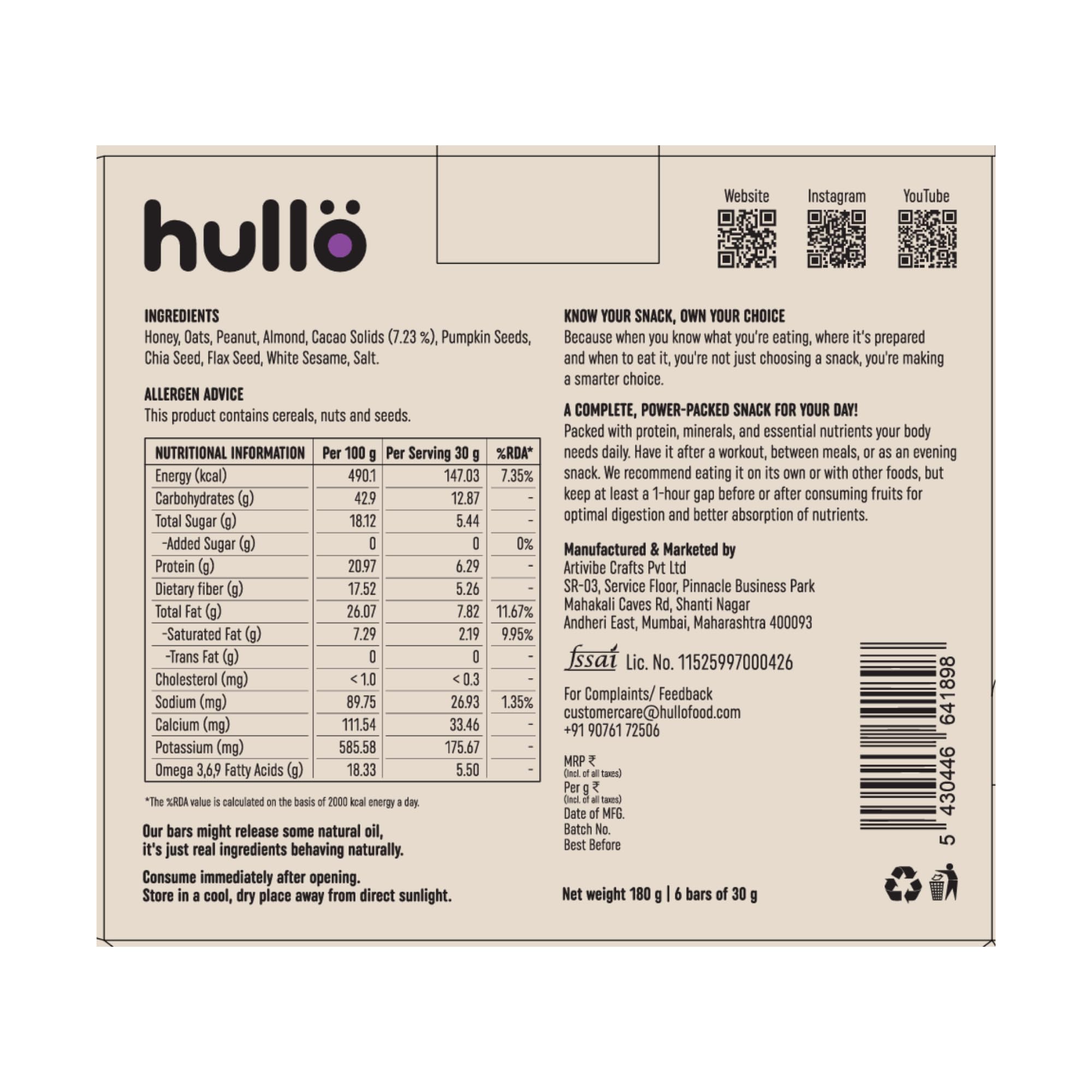 Hullo Nuts & Seeds Bar - Chocolate (6 x 30g Pack) | Dairy Free & Healthy Chocolate Snack Bars for Kids & Adults with No Added Sugar & No Preservatives | Energy Snack Bar for Gym, Travel & School — Amazon image 2