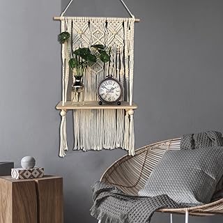 Ylovecl Macrame Wall Hanging Shelf, Wood Rope Floating Shelf Woven Home Wall Decor 1 Tier Rope Floating Shelf for Photo Frames for Bedroom, Living Room, Bathroom(Diamond with Wood Bead-70cm)