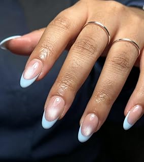Morily Press On Nails, Short Almond, Velevt Fake Nails, 30PCS Full Kit | Blue French Tip, Cat Eye Fake Nails, Salon-Quality Nails in 15 Sizes, Easy Wear, Reusable Stick-On Nail with Glass File