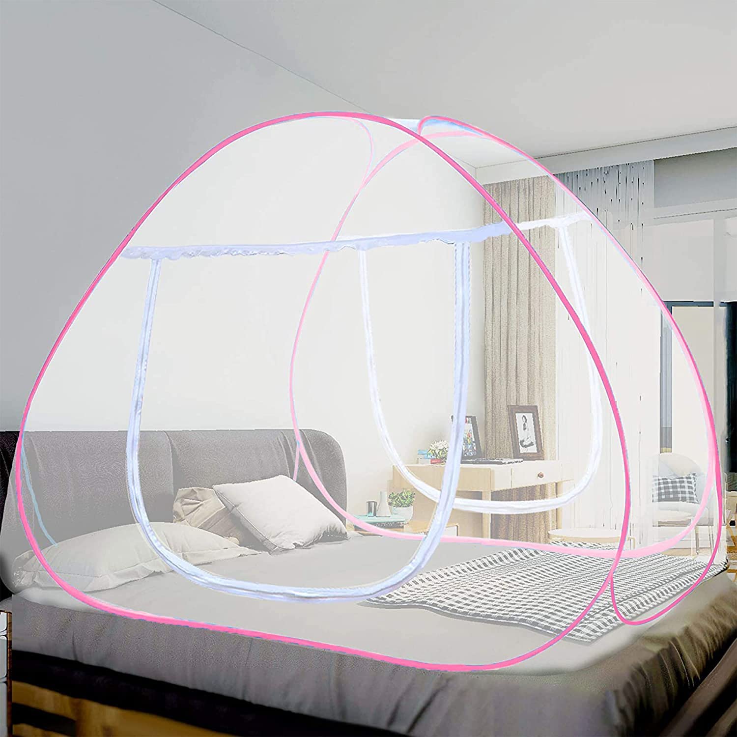 Pegaso Polyester Mosquito Net for Double Bed, Foldable, Strong 30GSM, High Durability, Foldable, Corrosion Resistant, Lightweight,PVC Coated Steel - King Size (6 * 6, Pink)