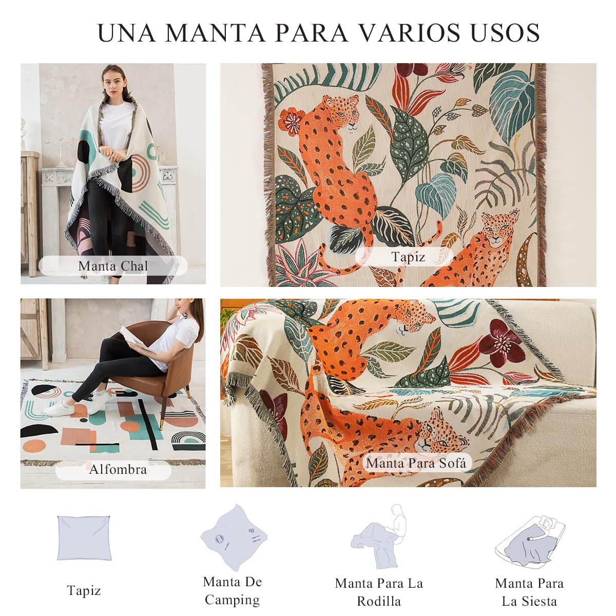 LumiSyne Manta De Doble Cara Manta De Algodón Tejida con Borlas Selva Estilo Bohemio Tapiz Mantón Decorativa Mantas para Sofá Cama Silla Camping Manteles Alfombra 160x130cm