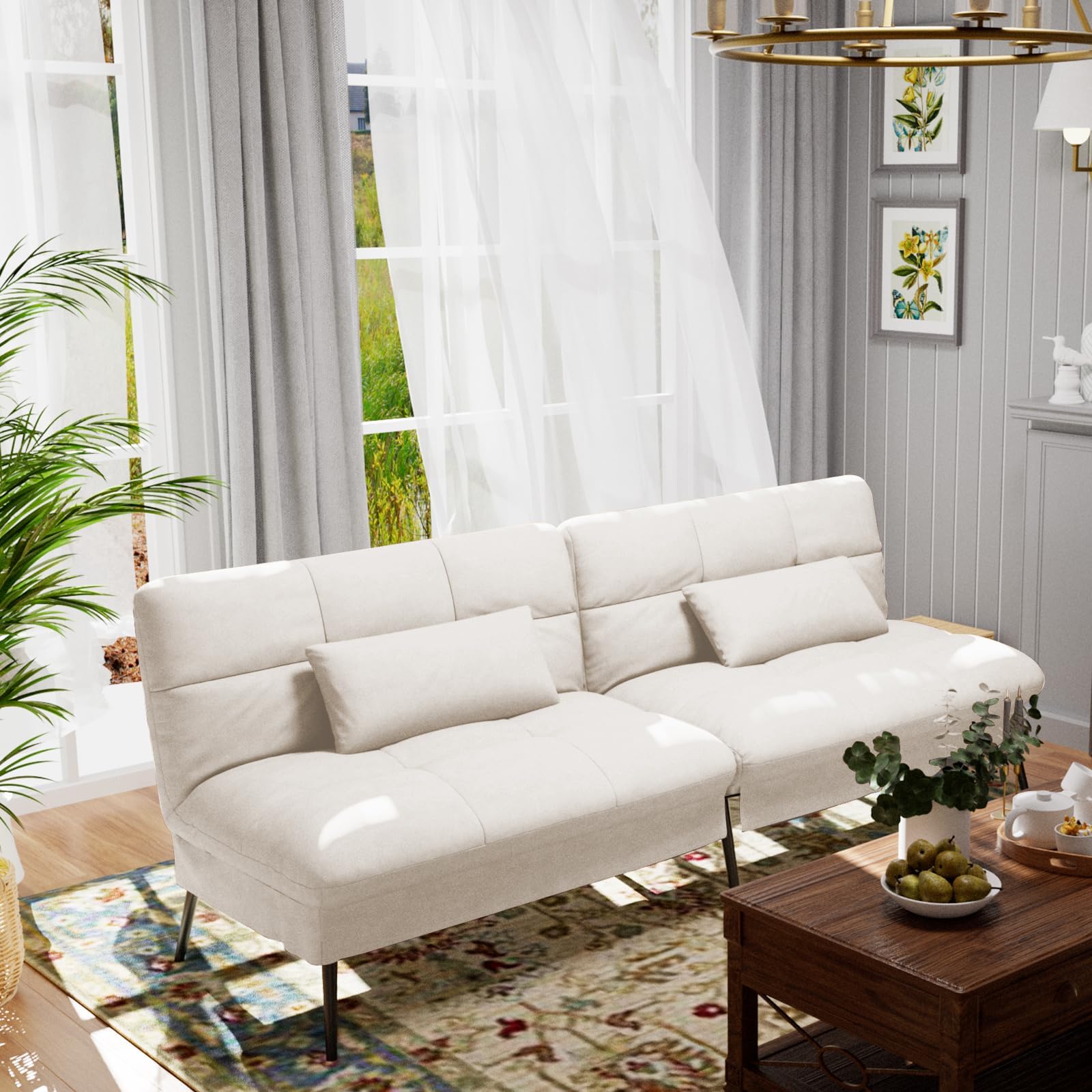 COMHOMA Fabric Sofa Bed 3 Seater Upgraded Frame 5-Gear Back Angle Adjustable Futon Sofa for Living Room, Guest Room (Fabric, Beige)