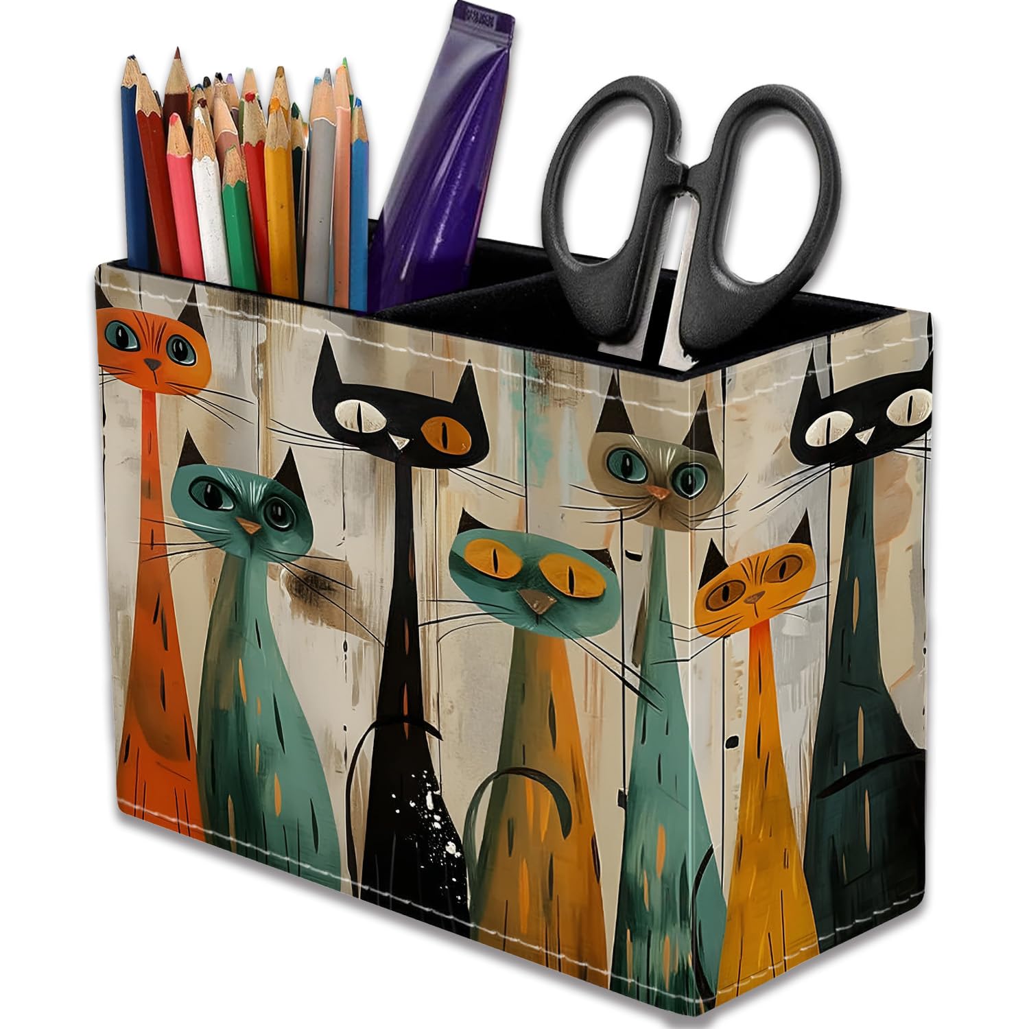VSHSEEOM Personality Colorful Cat Pencil Holder for Desk, PU Leather Multifunctional Mobile Pen Holder Desktop Organizer Makeup Brush Holder for Classroom, Office and Home