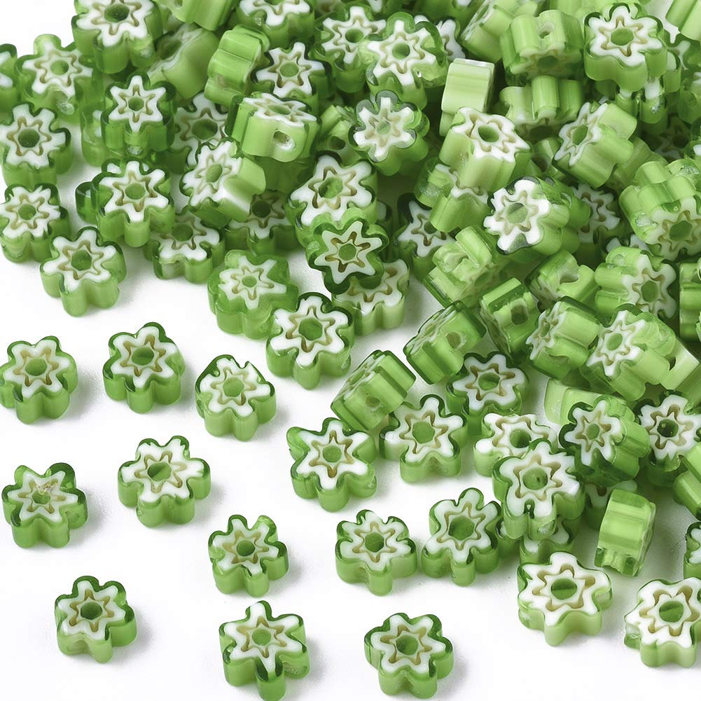 200 Pcs Green Millefiori Lampwork Beads Green Flower Glass Beads Flat Flower Loose Spacer Beads 5-7mm for St. Patrick's Day Necklace Bracelet Earrings Jewelry Making DIY Craft Hole: 1mm