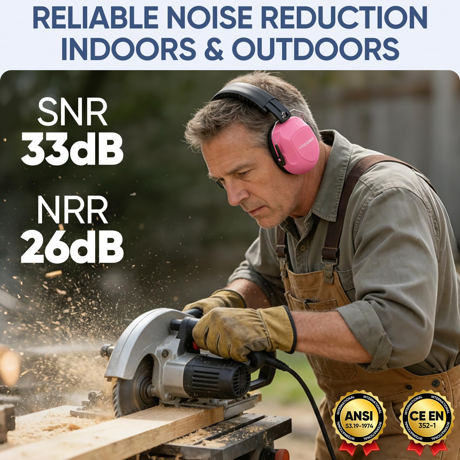 TICONN Casque antibruit pour adultes, cache-oreilles NRR 26 dB pour réduction du bruit, cache-oreilles pour champ de tir