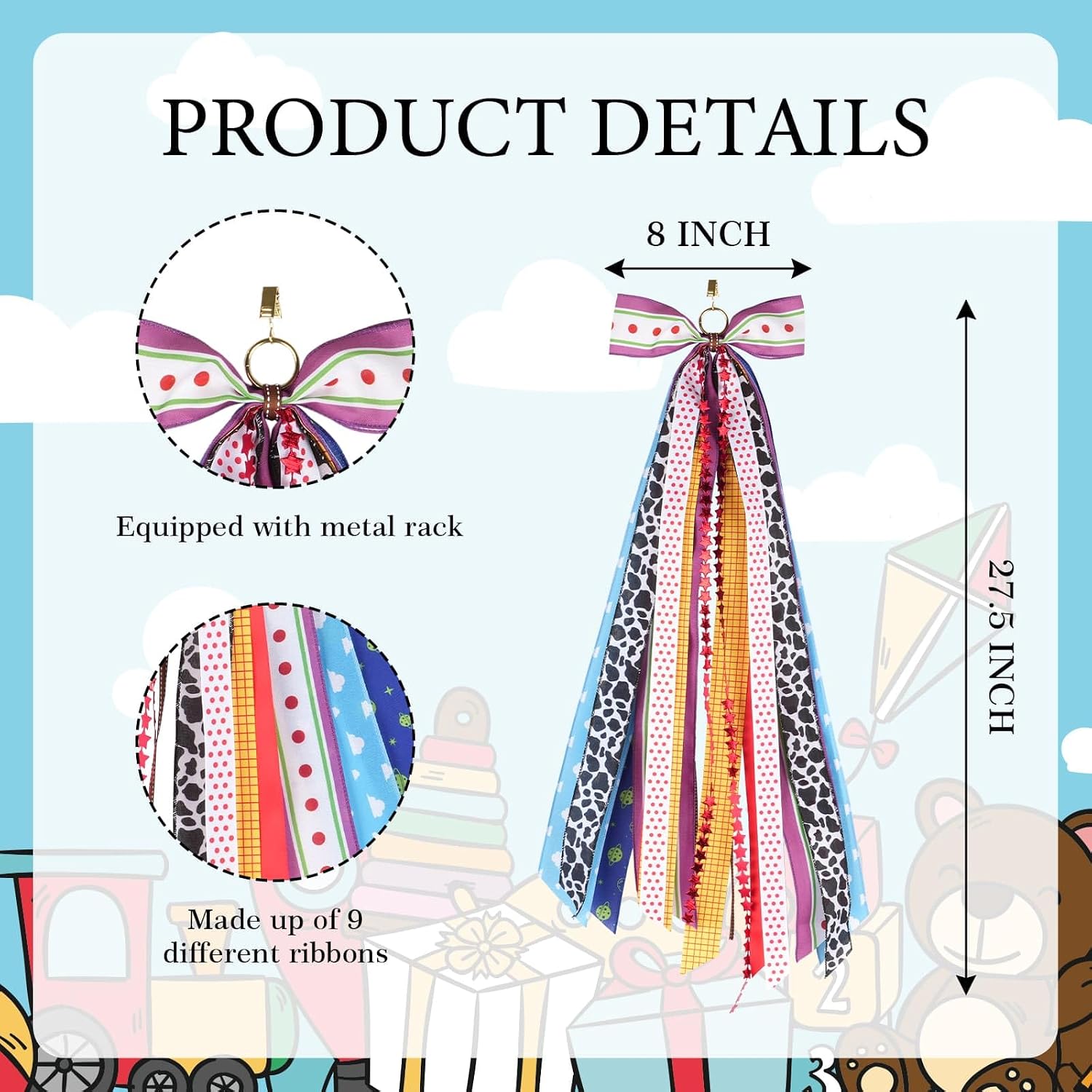 YKW Wreath Sash Ribbon Set, 9 Assorted Western Patterns with Cow Print, Cloud & Bandana Design, 27.5" Pre-Made Clip-On Bow for Front Door Wreaths, Party Decor & DIY Craft Supplies - Indoor Outdoor image 2