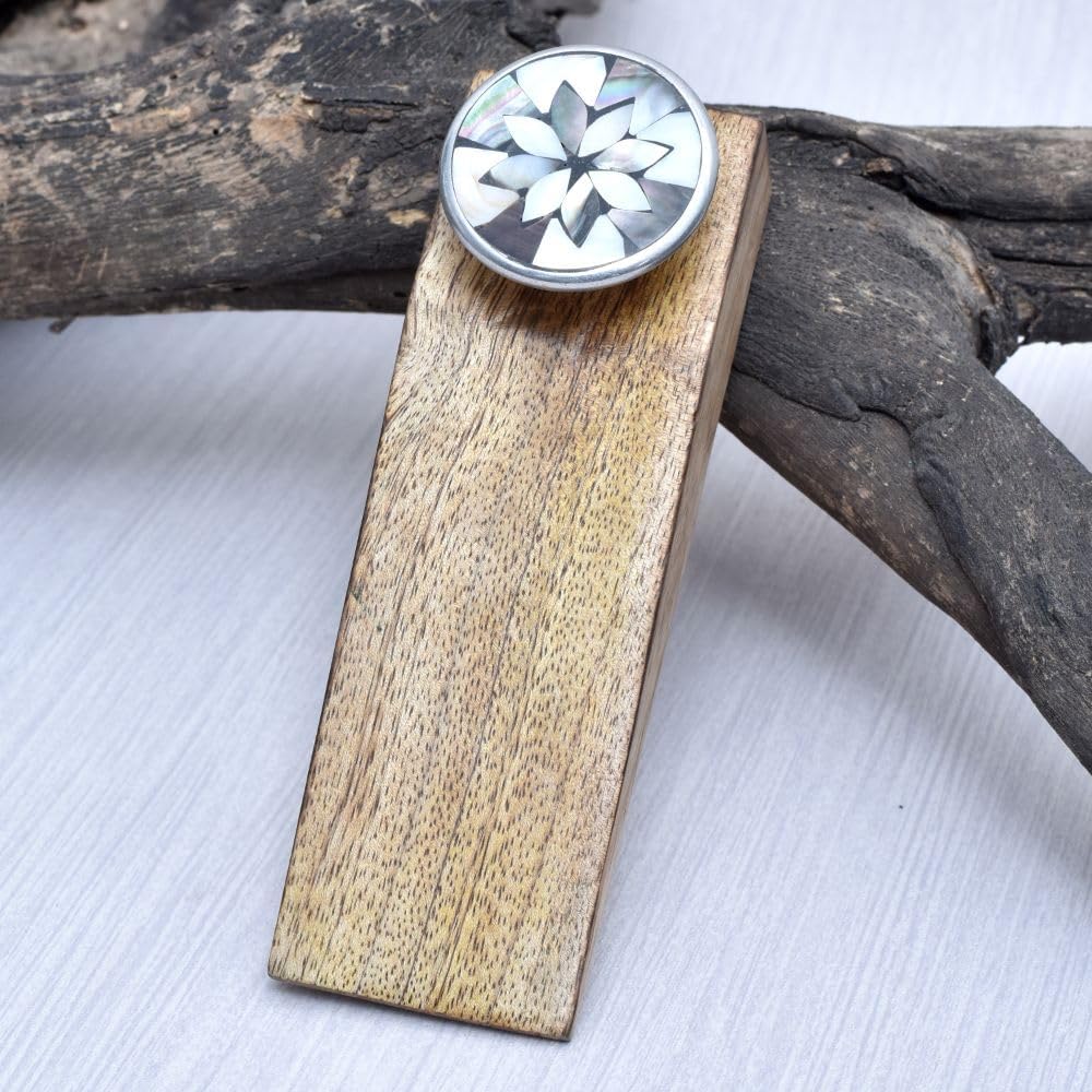 IndianShelf 1 Piece Mother of Pearl and Wood Decorative Door Stoppers for Bottom of Door- White and Brown Heavy Duty Non Slip Rubber Base Door Wedges- Sturdy Floor Door Stop for Inside and Outside