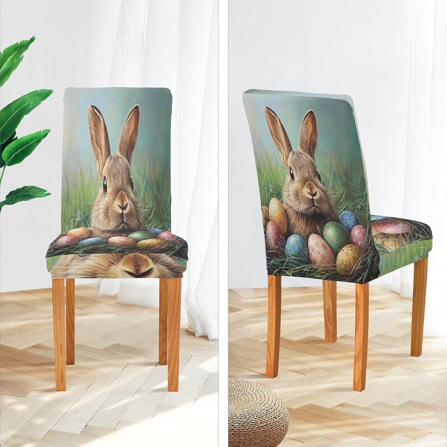 ALAZA Chair Covers for Dining Room, Happy Easter Cute Bunny Easter Eggs Stretch Chair Cover Sets Chair Protector Removable Washable for Ktichen Restaurant Hotel