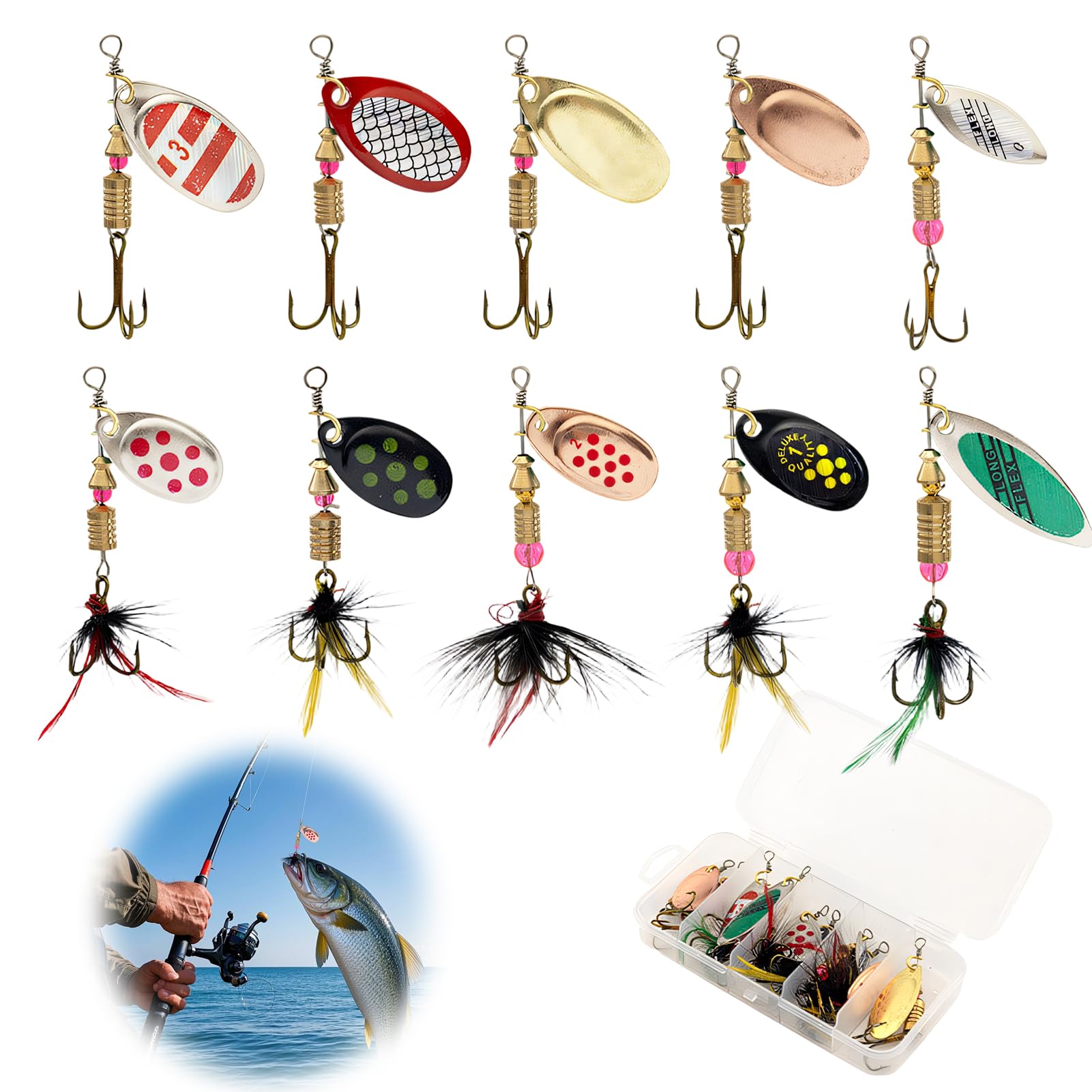 Lotnery 10Pcs Spinner Bait Set, Fishing Lures Set with 360° Rotating Blades, Long Cast Streamline Lures & Triple Hooks for Trout Bass Pike Salmon in Freshwater Saltwater Fishing