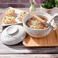 Vista 5 de Tazón de cerámica para ramen con tapas, cuenco de fideos instantáneos grande asiático que sirve para ensalada de sopa, pasta, arroz