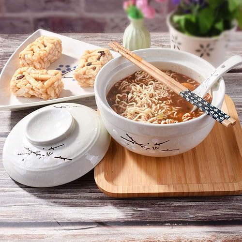 Miniatura 5 de Tazón de cerámica para ramen con tapas, cuenco de fideos instantáneos grande asiático que sirve para ensalada de sopa, pasta, arroz