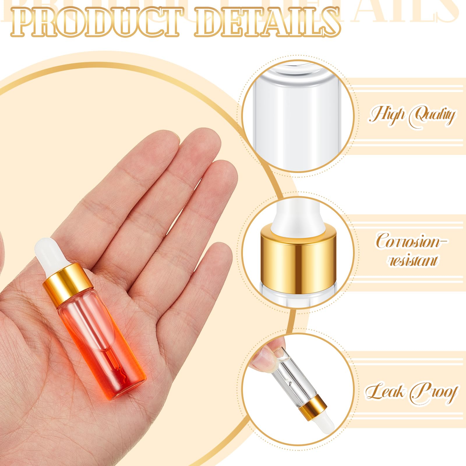 Didaey Mini-Tropfflaschen aus Glas, Mini-Tropfflaschen, Probenflaschen, kleine Probenfläschchen mit Deckel, für Reisen, ätherische Öle, Kosmetik, Flüssigkeit, Probe, Parfüm, Gold, 5 ml, 200 Stück