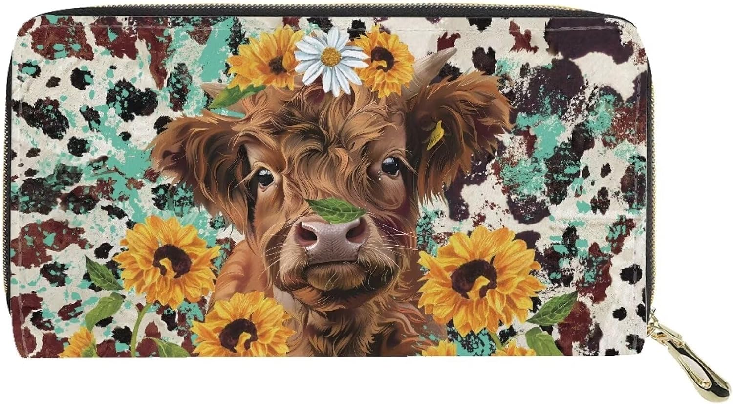 INSTANTARTS Highland Cow Wallets for Women Sunflower Cow Print PU Purses Zip Around Leather Clutch Credit Card Case Pouch